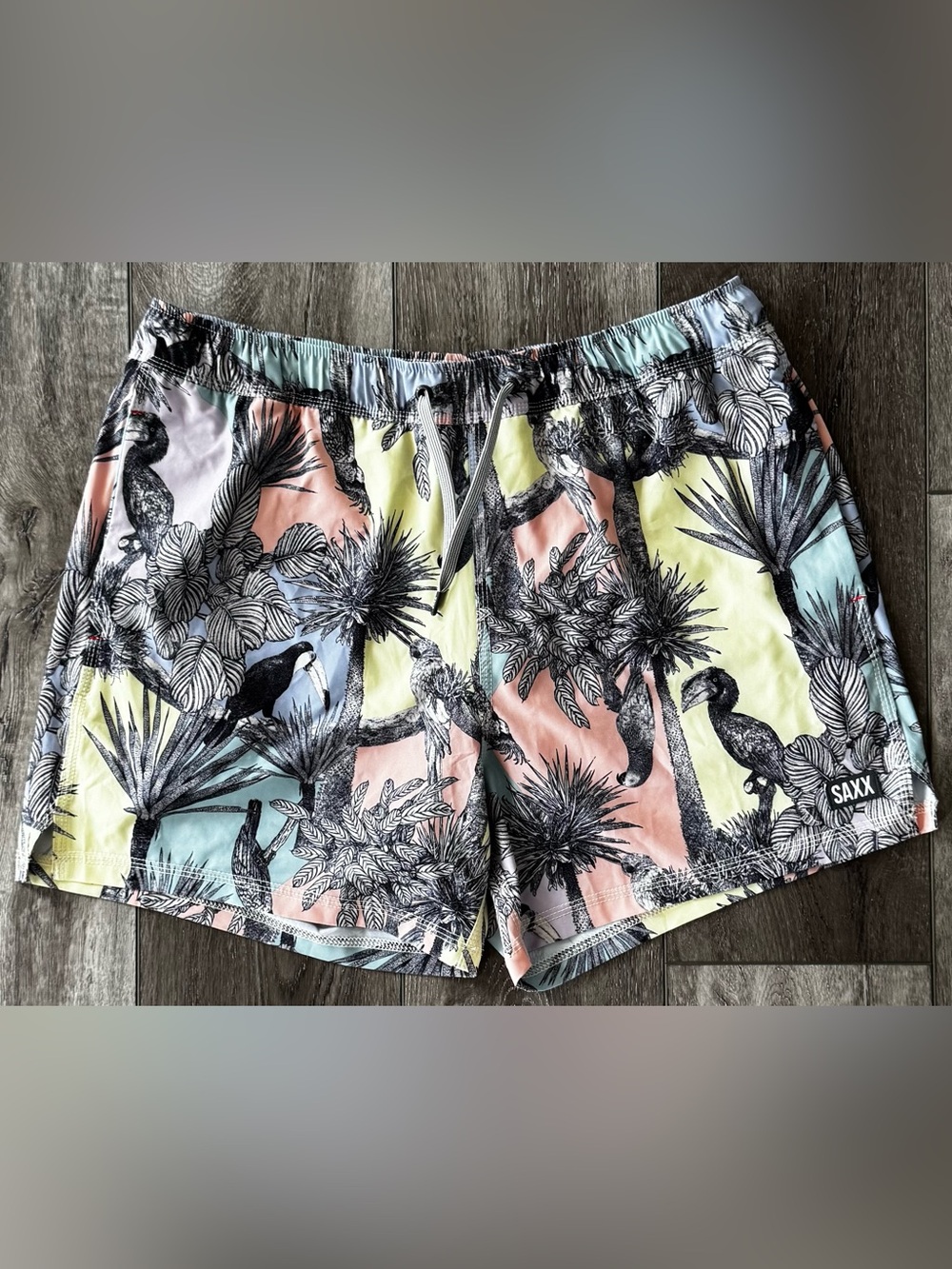 SAXX Oh Buoy 2N1 Volley 5" Shorts Mens Swim Drop Temp Liner Tropical Birds LARGE